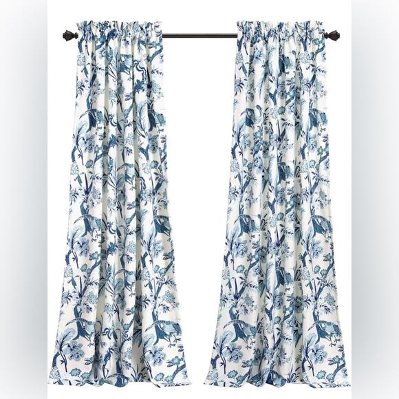 Lush Decor Blue Floral Bird Toile Print Light Filtering Curtains 52”W x 84”L NWT - Picture 7 of 13